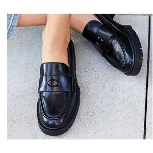 New Coach Black Leather Platform Loafers Size 9B Chunky Lug Sole Women's